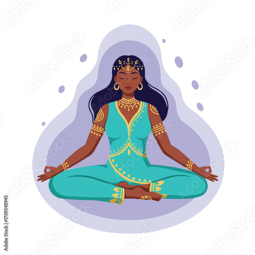 A serene magical yoga woman in a tranquil lotus pose radiates a vibrant glowing aura, rendered as a flat 2D vector illustration on a clean white background, symbolizing peace and spiritual energy.