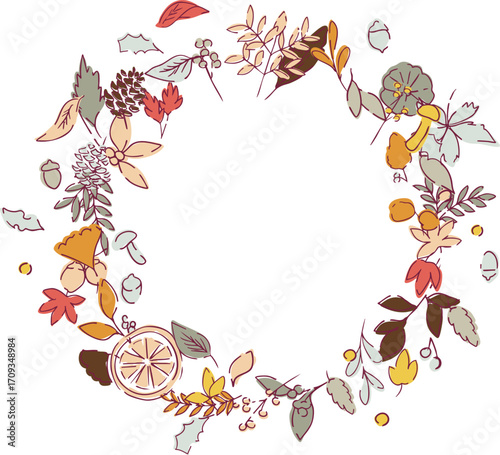秋の落ち葉と木の実のベクターイラスト。葉っぱの秋植物イラスト。秋の線画背景。Autumn leaves and nuts vector illustration. Autumn plant illustration with leaves. Autumn line art background.