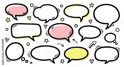 Vibrant hand-drawn speech bubbles and icons ignite creative communication and idea sharing
