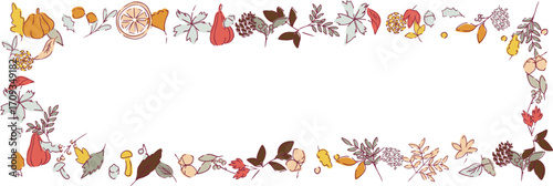 秋の落ち葉と木の実のベクターイラスト。葉っぱの秋植物イラスト。秋の線画背景。Autumn leaves and nuts vector illustration. Autumn plant illustration with leaves. Autumn line art background.