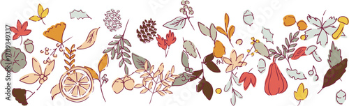 秋の落ち葉と木の実のベクターイラスト。葉っぱの秋植物イラスト。秋の線画背景。Autumn leaves and nuts vector illustration. Autumn plant illustration with leaves. Autumn line art background.