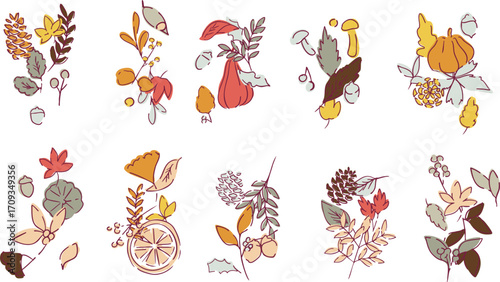 秋の落ち葉と木の実のベクターイラスト。葉っぱの秋植物イラスト。秋の線画背景。Autumn leaves and nuts vector illustration. Autumn plant illustration with leaves. Autumn line art background.