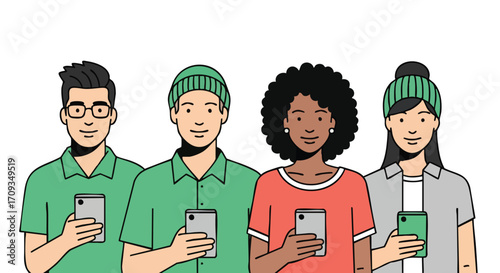 Diverse young adults stay connected with smartphones in hand using social media networking apps