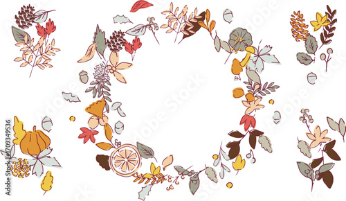 秋の落ち葉と木の実のベクターイラスト。葉っぱの秋植物イラスト。秋の線画背景。Autumn leaves and nuts vector illustration. Autumn plant illustration with leaves. Autumn line art background.