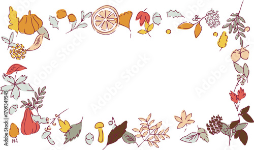 秋の落ち葉と木の実のベクターイラスト。葉っぱの秋植物イラスト。秋の線画背景。Autumn leaves and nuts vector illustration. Autumn plant illustration with leaves. Autumn line art background.