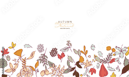 秋の落ち葉と木の実のベクターイラスト。葉っぱの秋植物イラスト。秋の線画背景。Autumn leaves and nuts vector illustration. Autumn plant illustration with leaves. Autumn line art background.