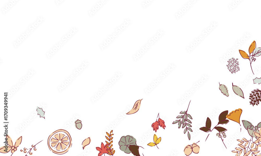 Obraz premium 秋の落ち葉と木の実のベクターイラスト。葉っぱの秋植物イラスト。秋の線画背景。Autumn leaves and nuts vector illustration. Autumn plant illustration with leaves. Autumn line art background.
