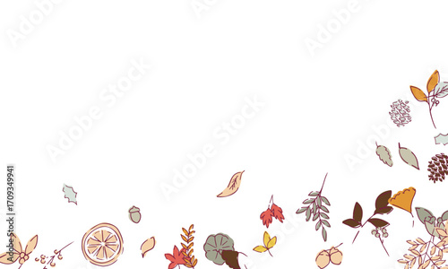 秋の落ち葉と木の実のベクターイラスト。葉っぱの秋植物イラスト。秋の線画背景。Autumn leaves and nuts vector illustration. Autumn plant illustration with leaves. Autumn line art background.