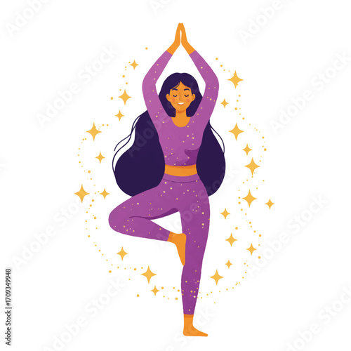 A magical yoga woman gracefully holds a serene tree pose, surrounded by sparkling mystical energy in a clean 2D flat vector illustration.