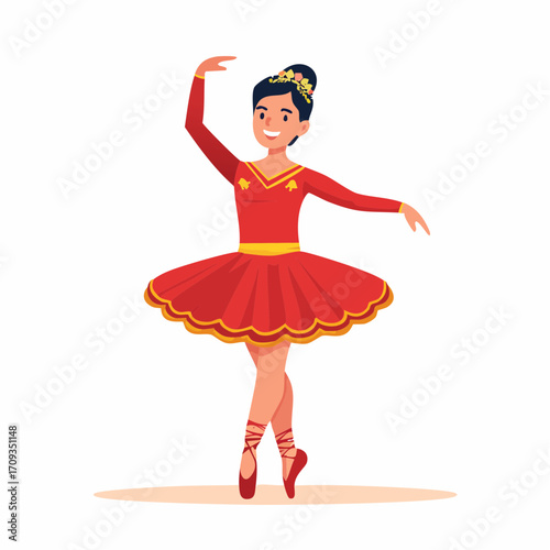 A young ballerina in a vibrant red tutu performing a graceful ballet pose with arms raised.