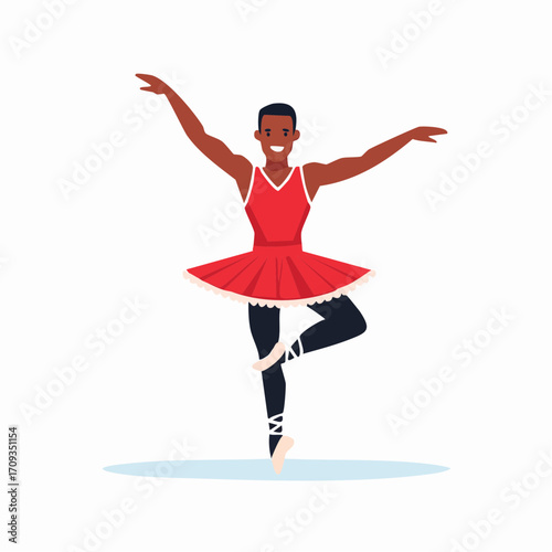 A smiling African-American ballet dancer gracefully balances on one leg in a red tutu.