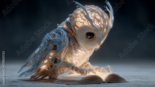 Futuristic Owl Creature with Glowing Core and Metallic Feathers