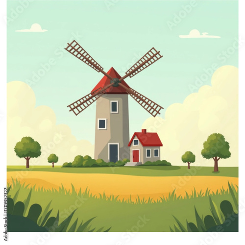 Windmill Serenity: An illustration captures the serene beauty of a rural scene, showcasing a classic windmill alongside a charming house, evoking the tranquility of the countryside.