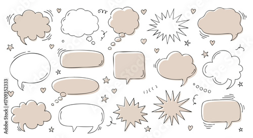 Editable speech bubbles set for modern designs with stars and hearts in soft pastel shades