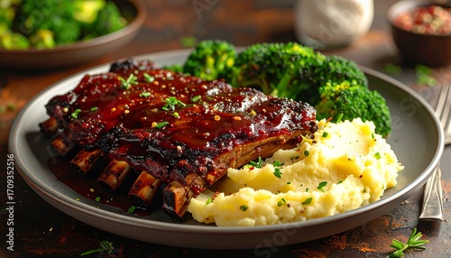 Deliciously glazed ribs with creamy mashed potatoes and broccoli