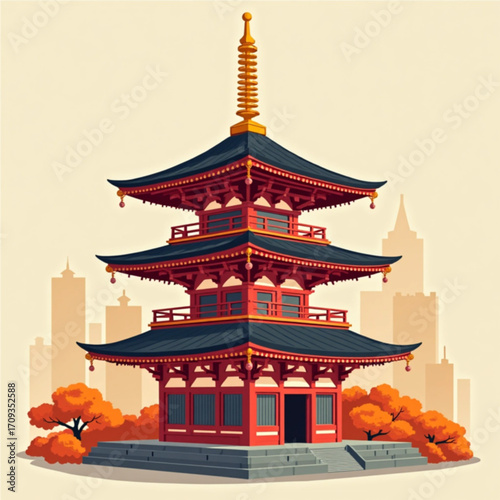 Japanese Pagoda in Urban Setting: A vibrant illustration of a traditional Japanese pagoda stands tall amidst a modern cityscape, capturing the harmonious blend of old and new, history and progress.