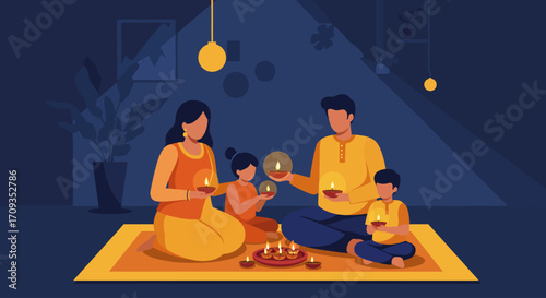 A heartwarming flat design illustration depicting a family joyfully celebrating Diwali, holding traditional earthen lamps.
