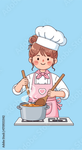 Cute Cartoon Chef Cooking Food.
