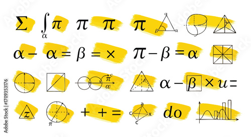 Vibrant mathematical symbols and geometric shapes on a bright yellow brushstroke background, perfect for education