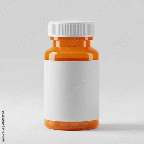 An orange plastic pill bottle with a blank white label against a neutral background.