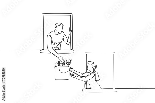 Continuous one line drawing man gives grocery bag to woman below. Helping to buy daily necessities. Kind. National Do Something Good for Your Neighbor Day. Single line draw design vector illustration