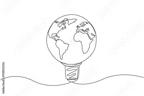 Continuous one line drawing a globe made like a light bulb. Very environmentally friendly energy. A kindness for the earth. International Day of Light. Single line draw design vector illustration