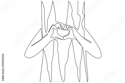 Single continuous line drawing hands hugging a tree trunk while both hands form a love gesture. Symbol for environmental lovers. Care. National Love a Tree Day. One line design vector illustration