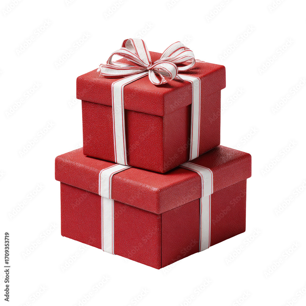 Fototapeta premium Two red gift boxes stacked, white ribbon