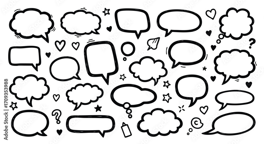 Fototapeta premium Dynamic hand-drawn speech bubbles and thought clouds perfect for creative communication and design projects