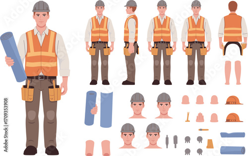 Construction worker character set, male engineer in safety vest and helmet holding blueprint, builder illustration, architecture project design, workplace scene