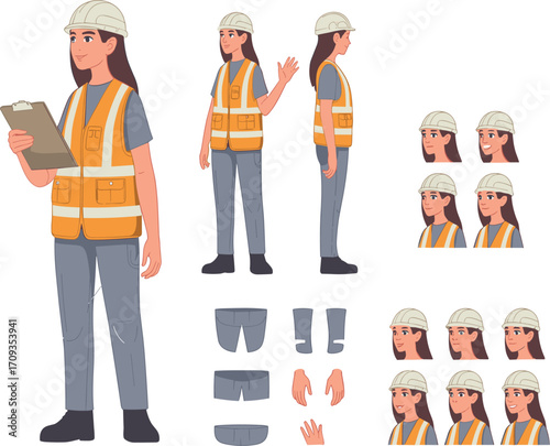 Female construction worker character set, woman engineer in helmet and safety vest with clipboard, professional builder illustration, laborer animation design