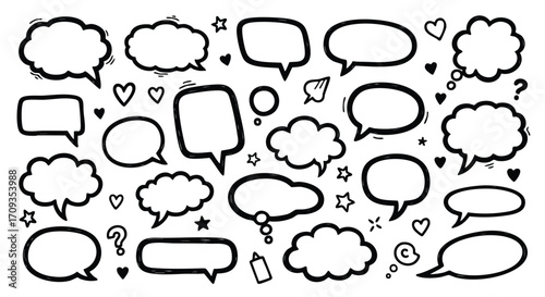 Dynamic hand-drawn speech bubbles and thought clouds perfect for creative communication and design projects
