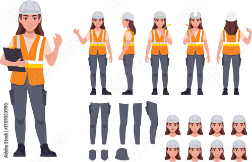 Female construction worker character set, woman engineer in helmet with safety vest, clipboard, tools, professional builder illustration, laborer animation design