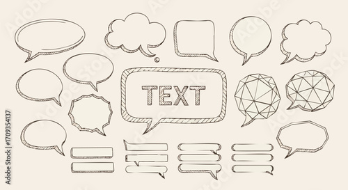 Hand-drawn speech bubble collection for creative communication design, diverse shapes and styles
