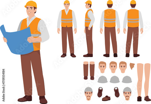 Male construction worker character set, man engineer holding blueprint, builder in safety vest, architect illustration design, professional laborer animation pack