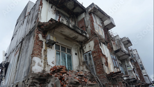 Dilapidated apartment building with crumbling facade