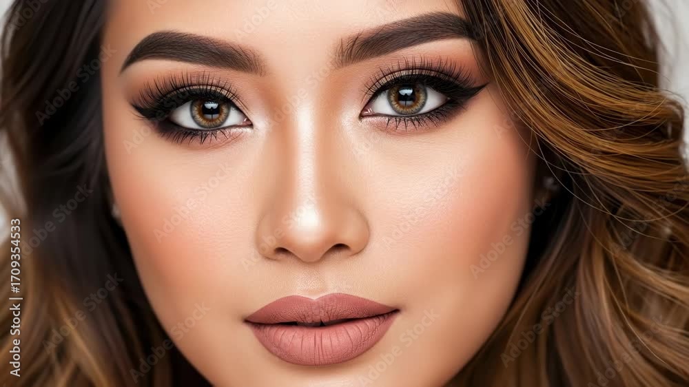 custom made wallpaper toronto digitalClose-up of Young Woman's Face with Makeup - A gorgeous young Asian woman with perfect makeup is featured in this close-up shot.