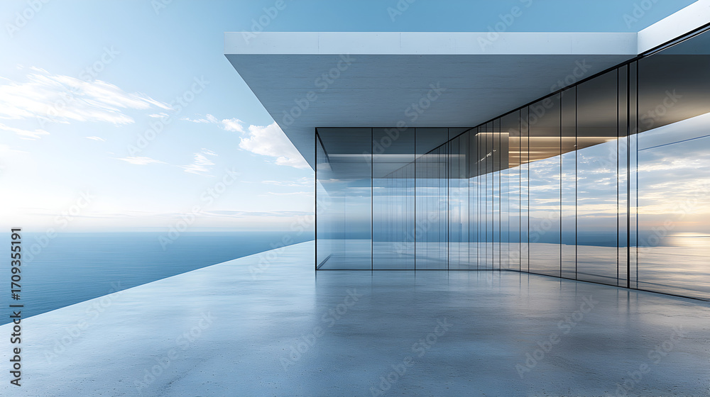 Obraz premium Ultra-modern glass building with minimalist concrete flooring, futuristic office interior featuring transparent walls, sleek architectural lines, and contemporary luxury residence aesthetic illustrati