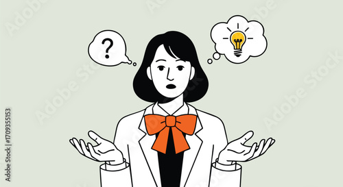 Confused businesswoman seeks creative solution, brainstorming innovative ideas for business growth or problem solving
