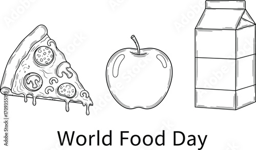 Vector art of world food day line art with pizza, apple and milk