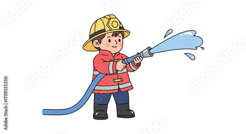 Cute cartoon boy in a firefighter uniform spraying water from a hose.