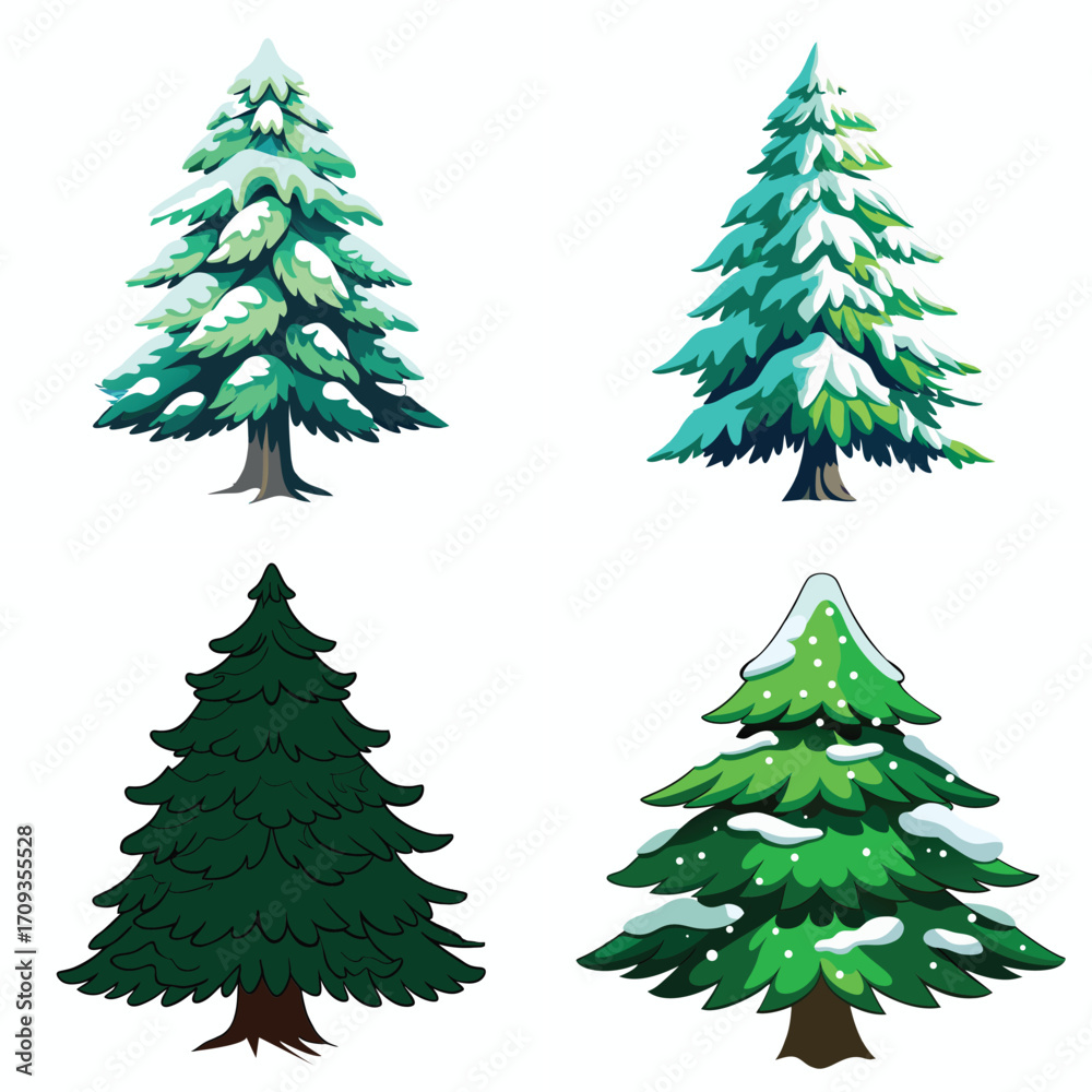 Obraz premium Four stylized evergreen trees with snow accents on a white background