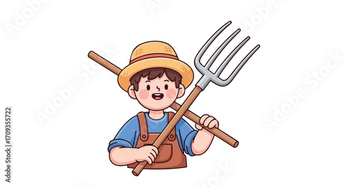 Happy Young Farmer Character Holding Farm Tools.