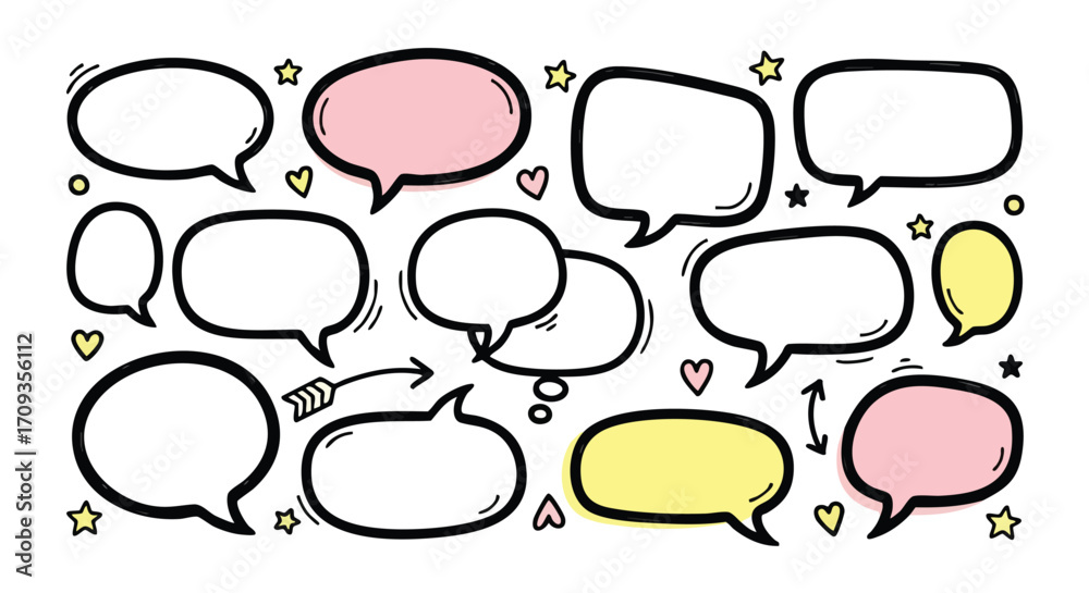 Obraz premium Cute hand drawn speech bubbles with hearts and stars for social media messaging and creative design projects