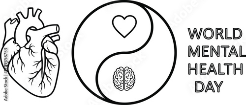 Vector art of world mental health day concept with heart, brain, and yin yang symbol