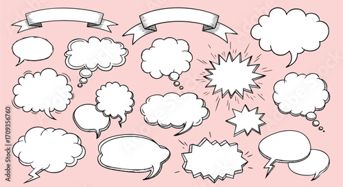 Doodle speech bubbles and banners create engaging conversation space for messages and ideas