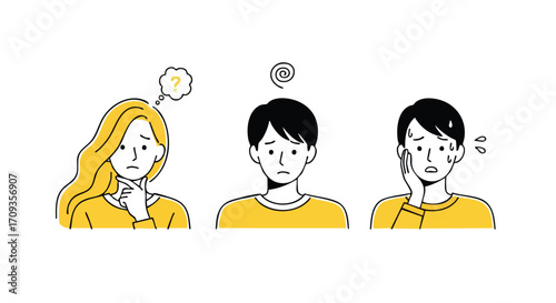 Worried people expressions, a thoughtful woman with question marks and stressed men with anxiety