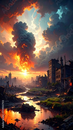 Post-apocalyptic sunset over a ruined city