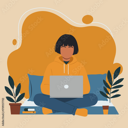 Woman working remotely on a laptop from the comfort of her home sofa amidst lush green plants. Modern lifestyle, freelance, and online business concept.