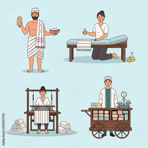 Diverse characters engaged in traditional wellness and textile practices, depicted in a stylized illustration.